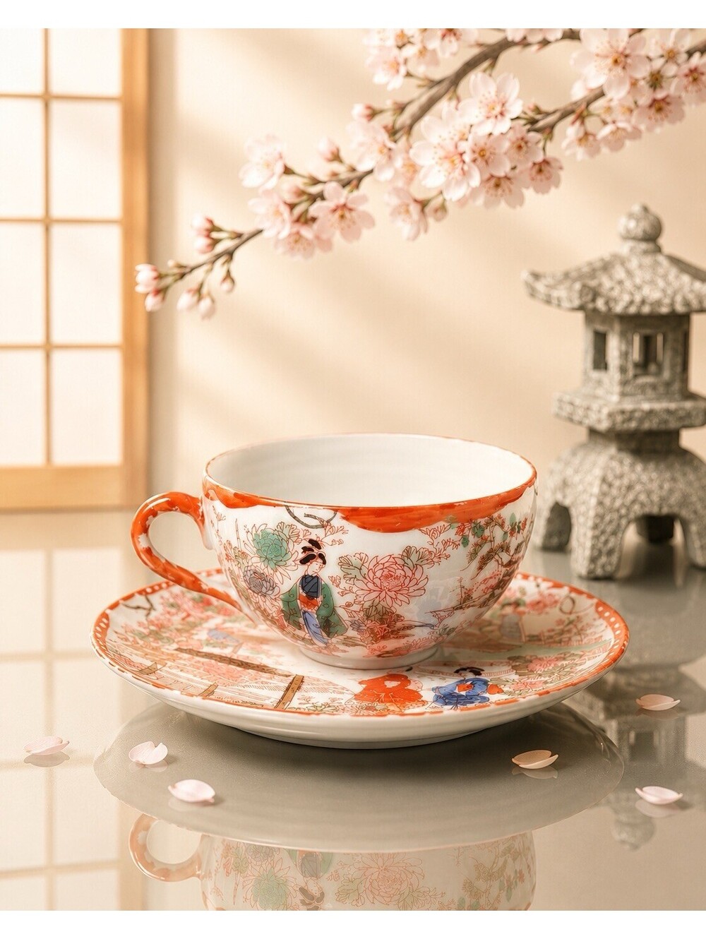 Kutani Japan 1920s 12 Cups 13 Saucers Geisha Girl Handpainted Eggshell Porcelain